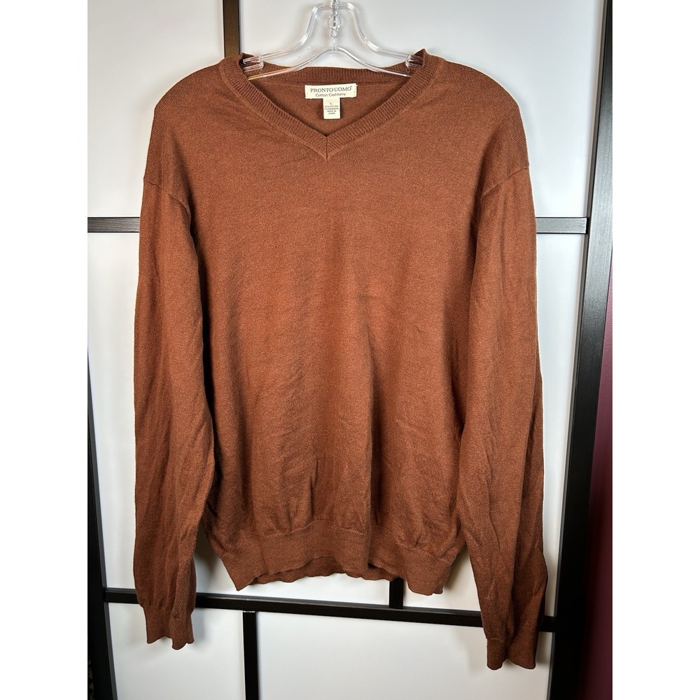 Pronto Uomo Sweater Mens Large Brown Orange Pullover Cotton Cashmere Blend Cozy